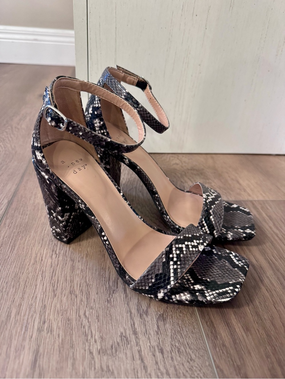 a new day Black Snakeskin Ankle-Strap Block Heels